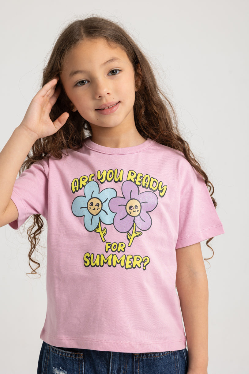 Girls Cotton Short-Sleeved T-Shirt – Pink with Cute Flowers Design