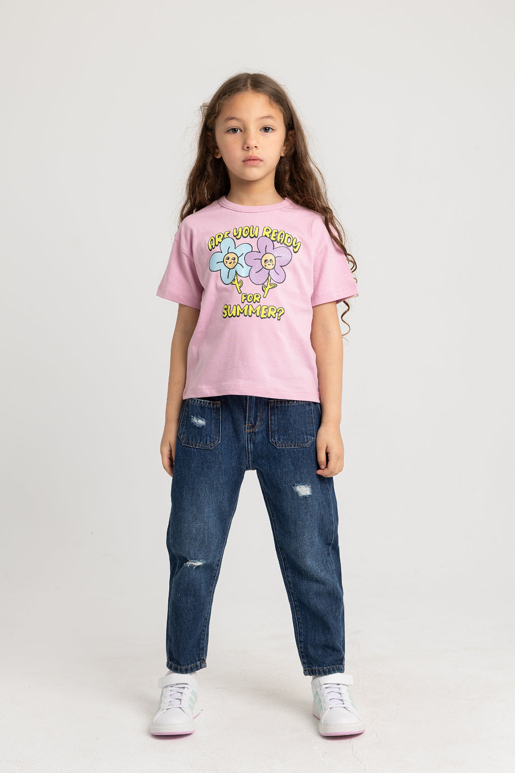 Girls Cotton Short-Sleeved T-Shirt – Pink with Cute Flowers Design