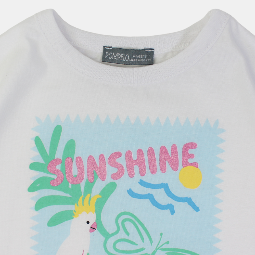 Girls Cotton T-Shirt – White with Parrot Print