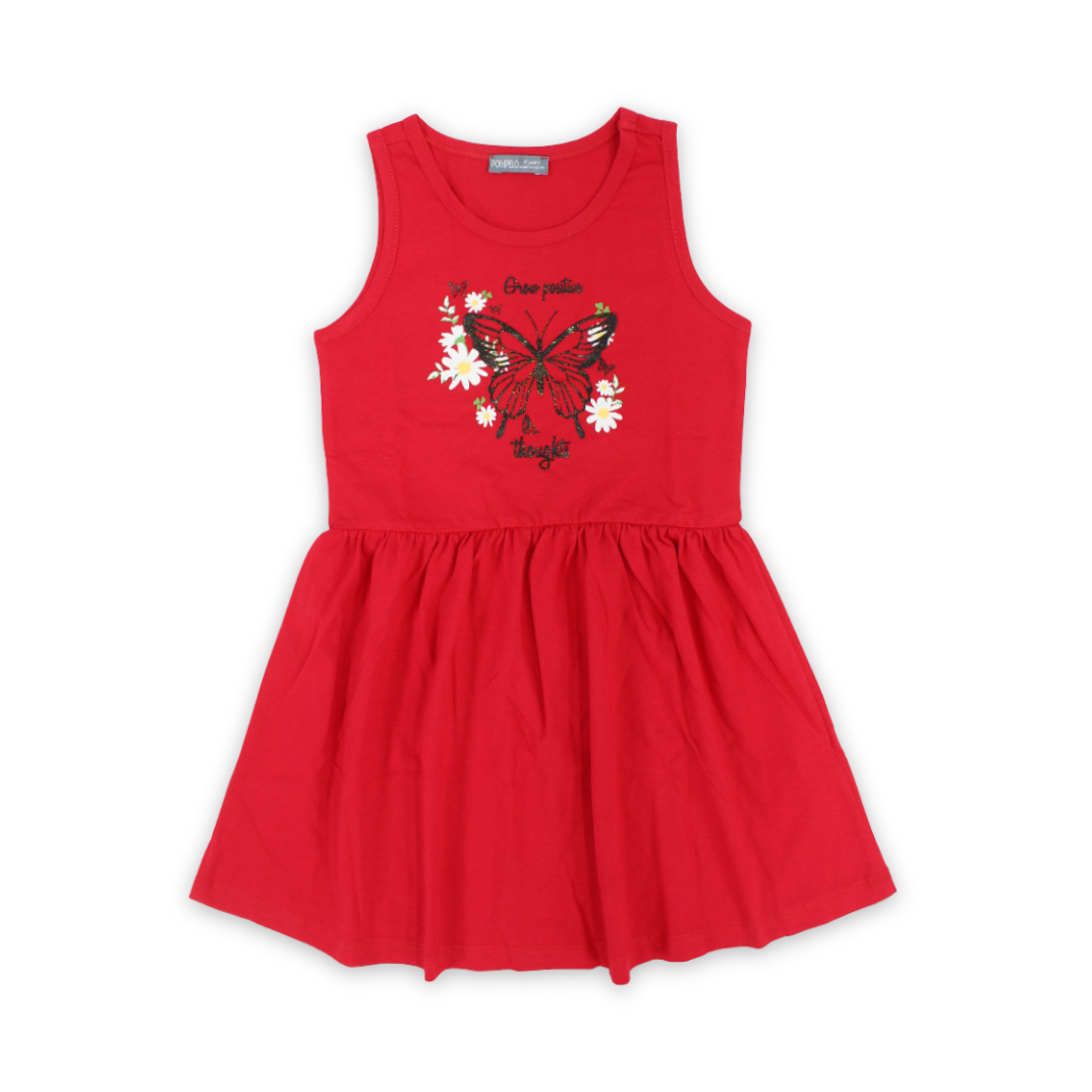 Girls Cotton Sleeveless Dress – Red with Butterfly Print