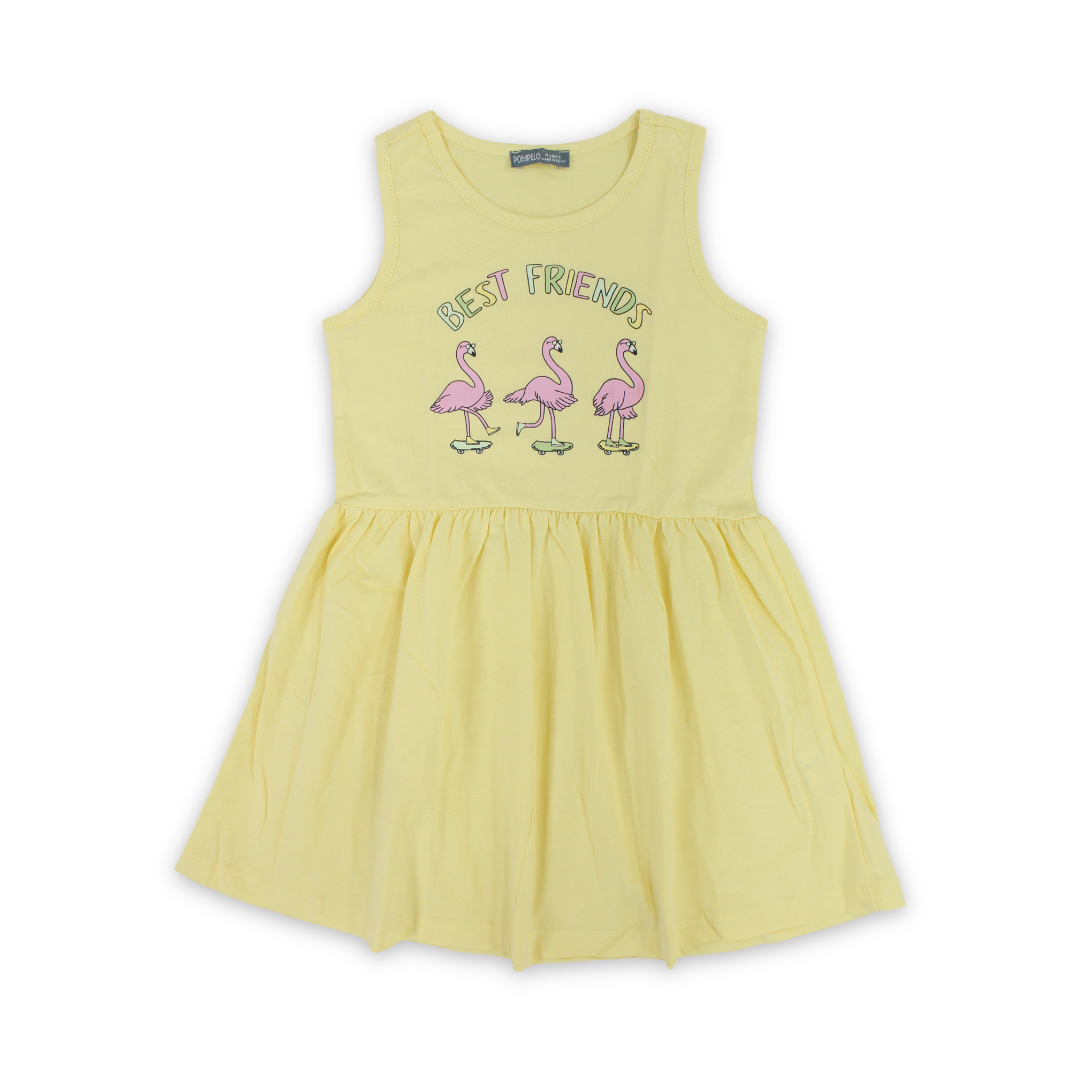 Girls Cotton Sleeveless Dress – Yellow with Flamingo Print