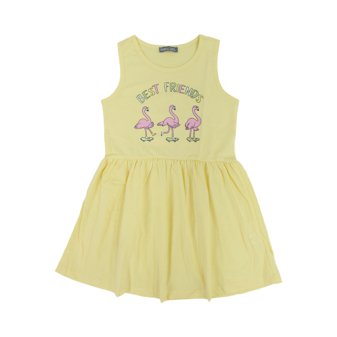 Girls Cotton Sleeveless Dress – Yellow with Flamingo Print