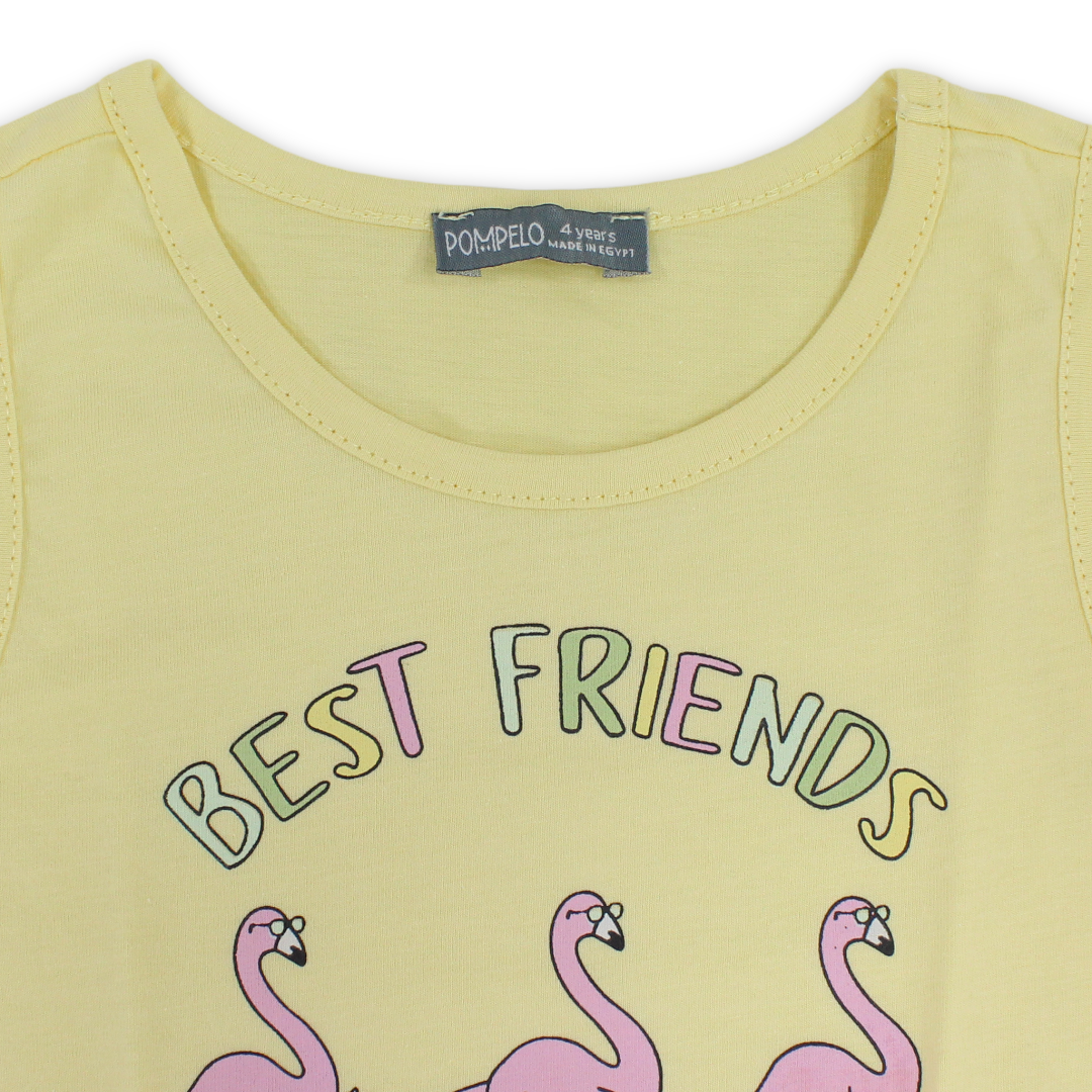 Girls Cotton Sleeveless Dress – Yellow with Flamingo Print