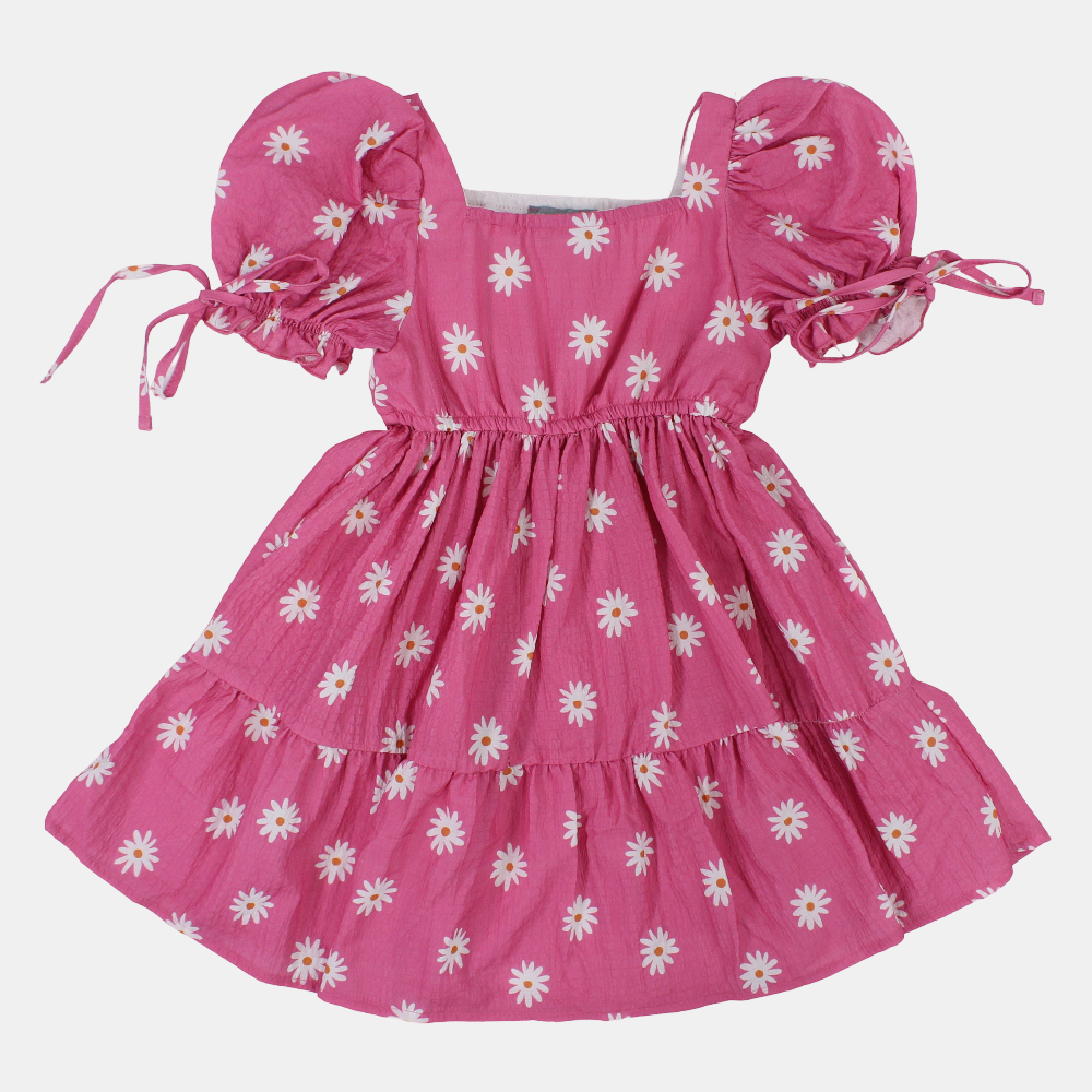 Girls Cotton Dress – Pink with Flowers Print
