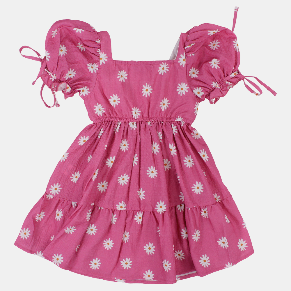 Girls Cotton Dress – Pink with Flowers Print