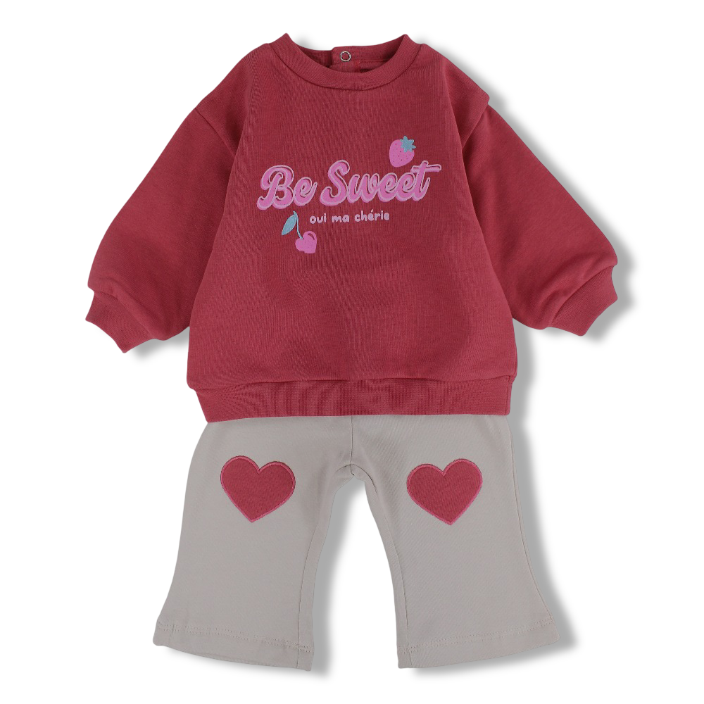 Baby Girls Cotton 2-Piece Outfit Set – Maroon/Beige with “Be Sweet" Design