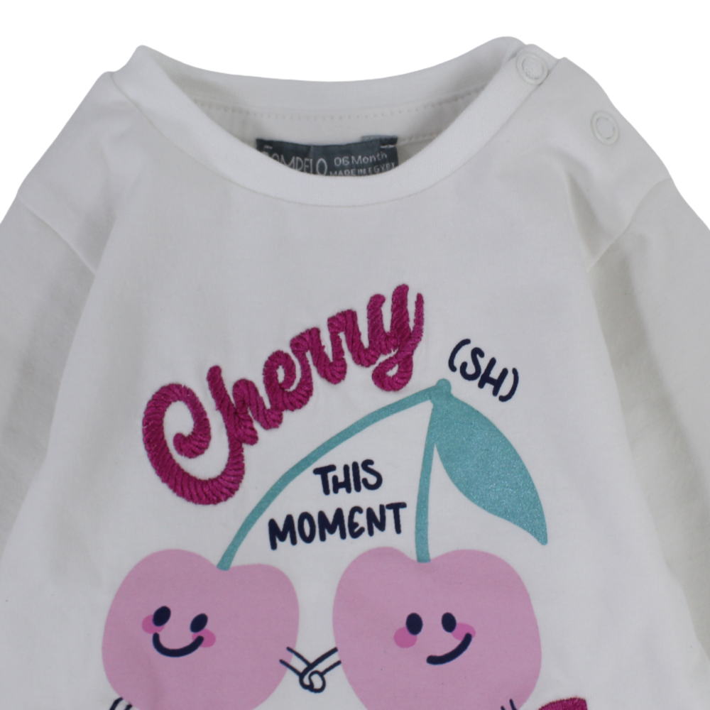 Baby Girls Cotton T-Shirt - White with Cherry Print