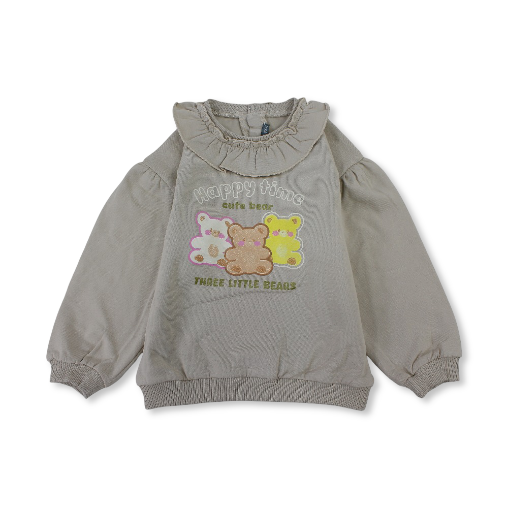 Baby Girls Cotton Blouse - Beige with "Happy Time" Cute Bear Design