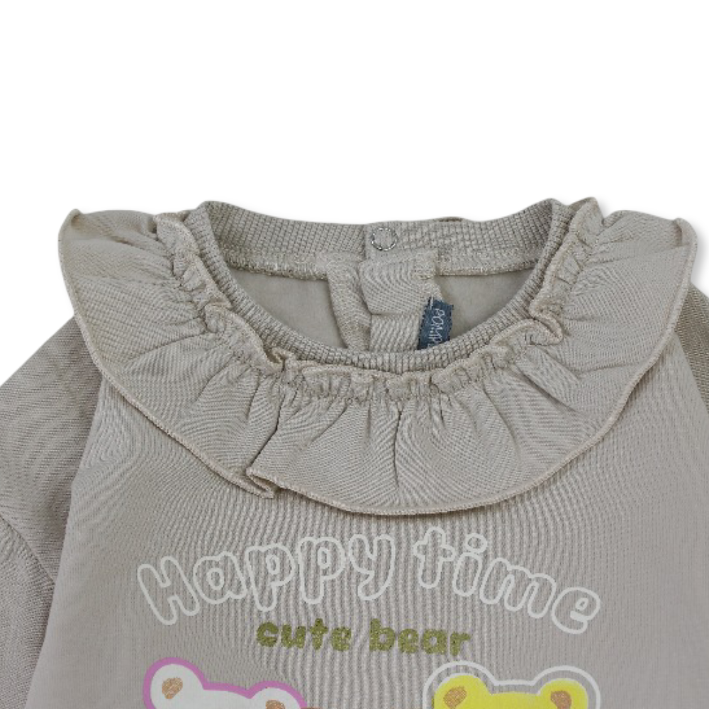 Baby Girls Cotton Blouse - Beige with "Happy Time" Cute Bear Design