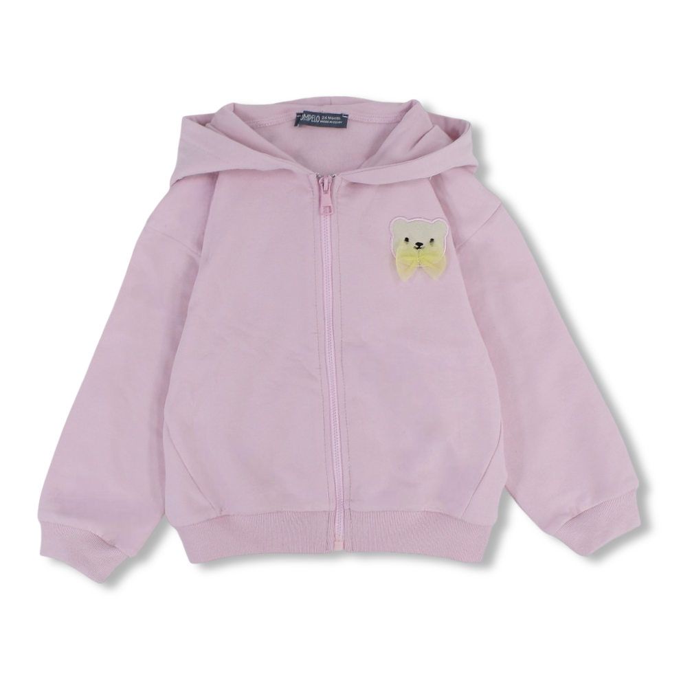 Baby Girls Cotton Hooded Jacket  – Pink with Bear Head Embrodery