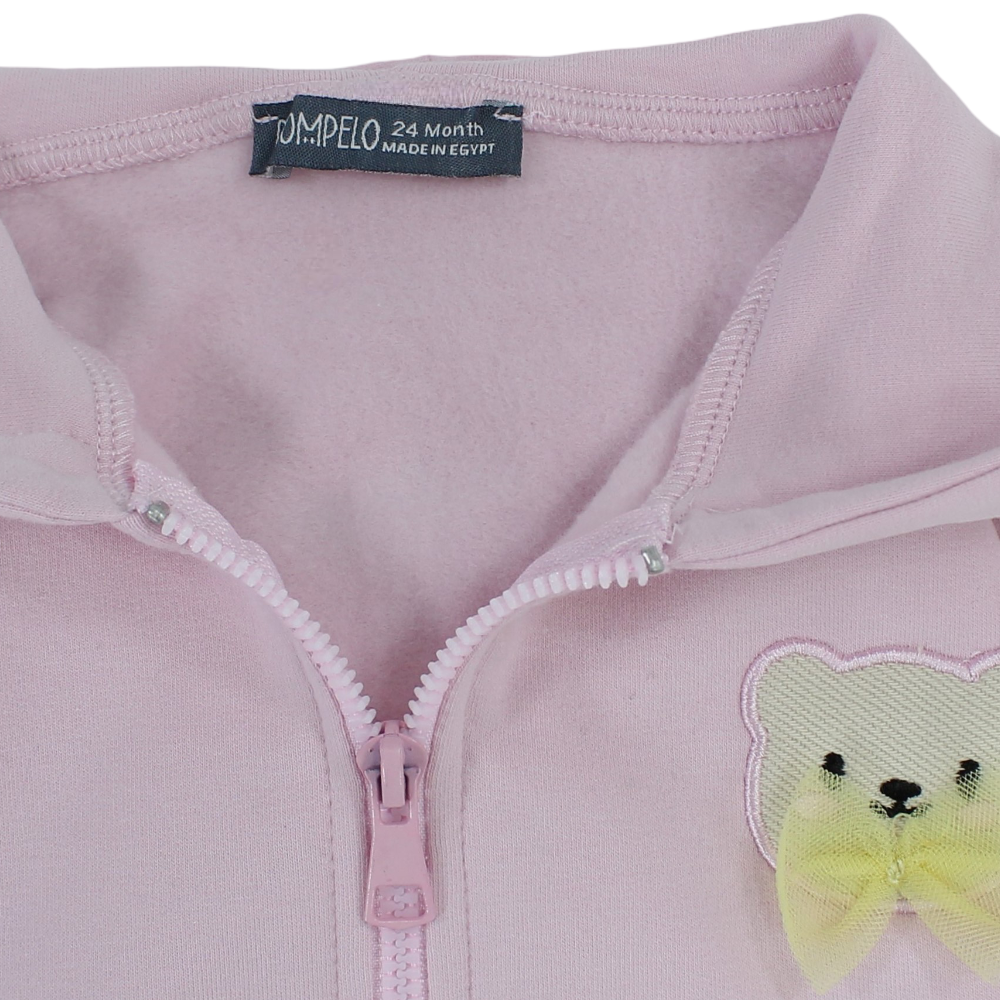 Baby Girls Cotton Hooded Jacket  – Pink with Bear Head Embrodery
