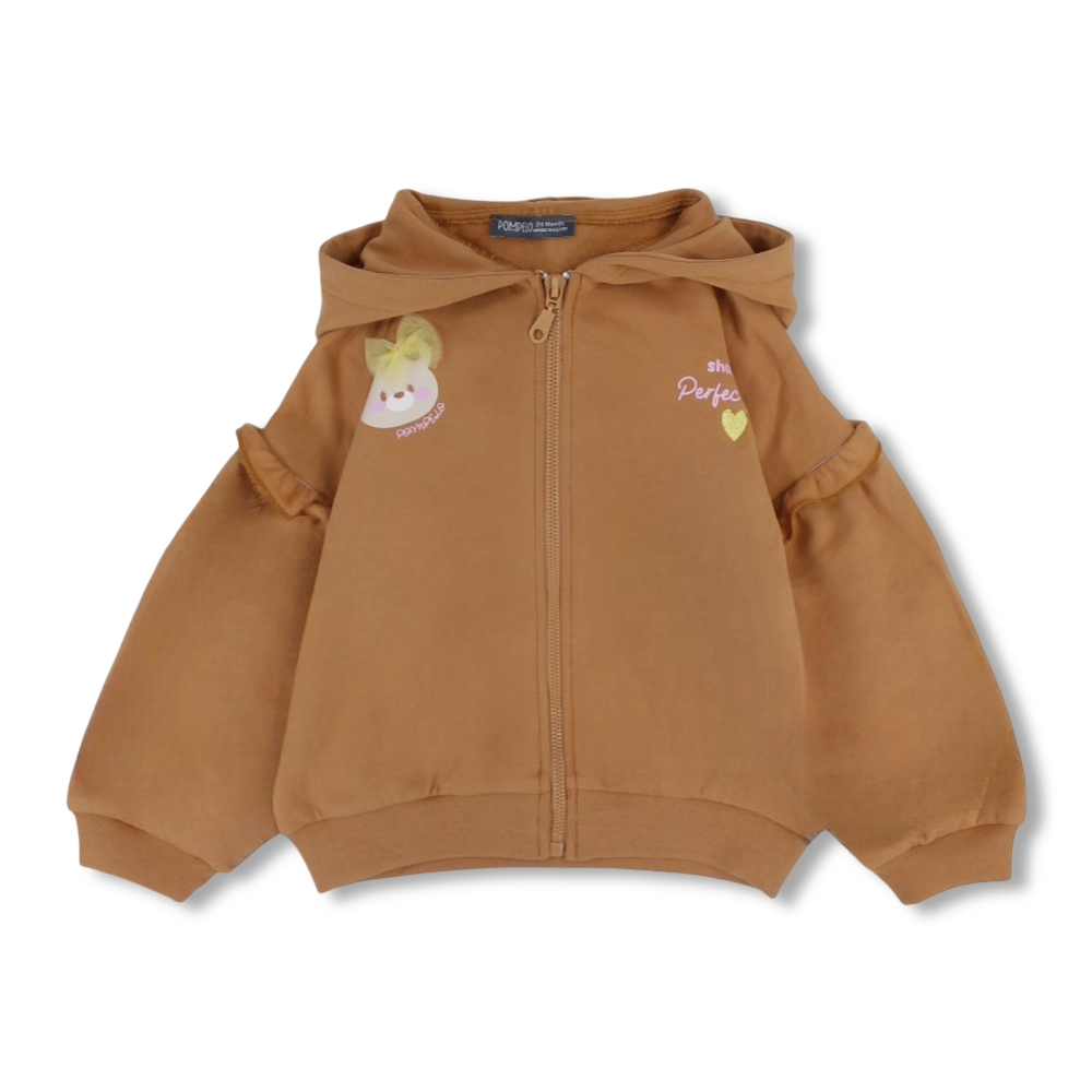 Baby Girls Hooded Cotton Jacket – Mustard with Bear Head Embroidery