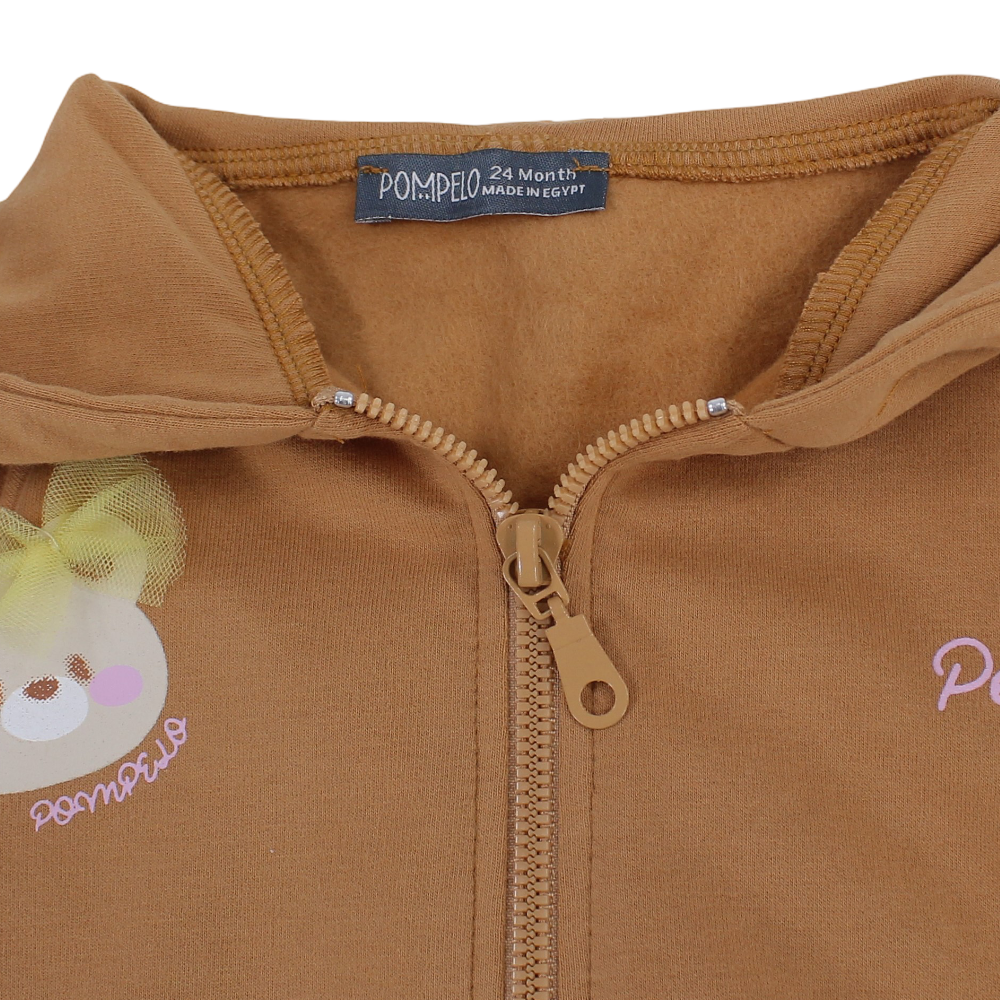 Baby Girls Hooded Cotton Jacket – Mustard with Bear Head Embroidery