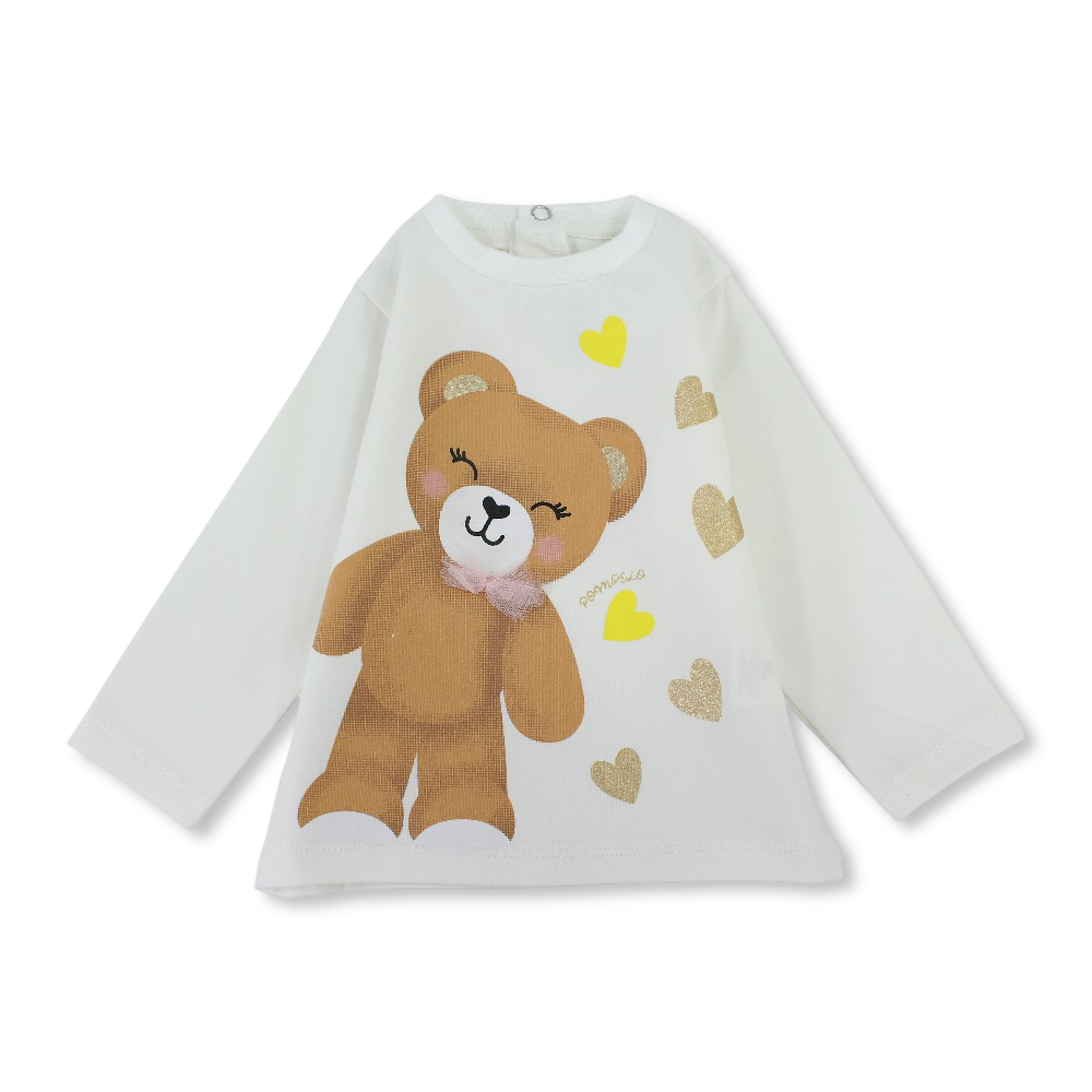 Baby Girls Cotton T-Shirt – Off-White with Teddy Bear Print