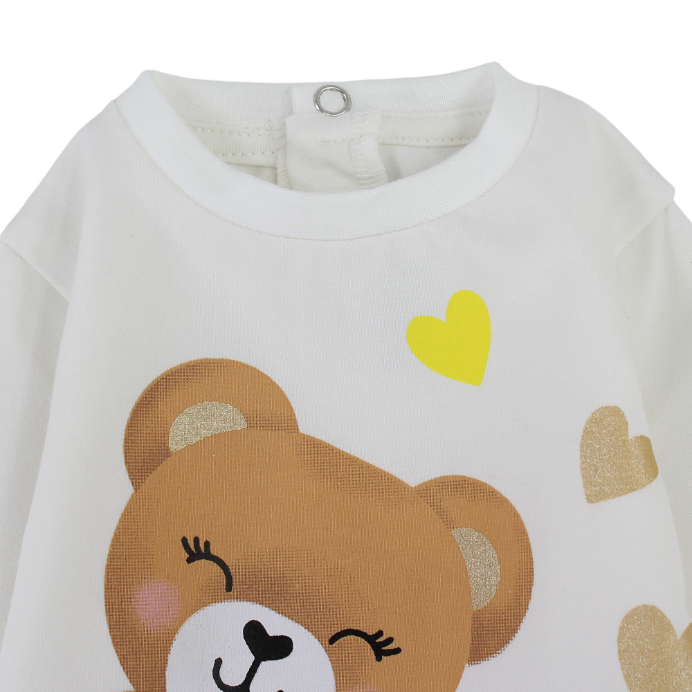 Baby Girls Cotton T-Shirt – Off-White with Teddy Bear Print