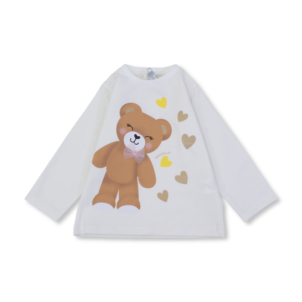 Baby Girls Cotton T-Shirt – Off-White with Teddy Bear Print