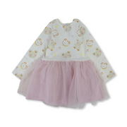 Baby Girls Cotton Long-Sleeved Dress - Pink with Bear Heads Print