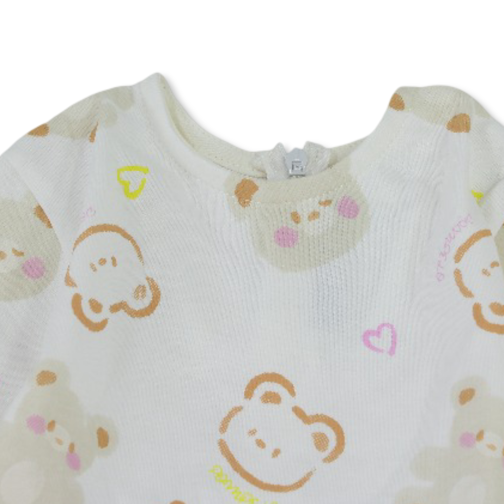 Baby Girls Cotton Long-Sleeved Dress - Pink with Bear Heads Print