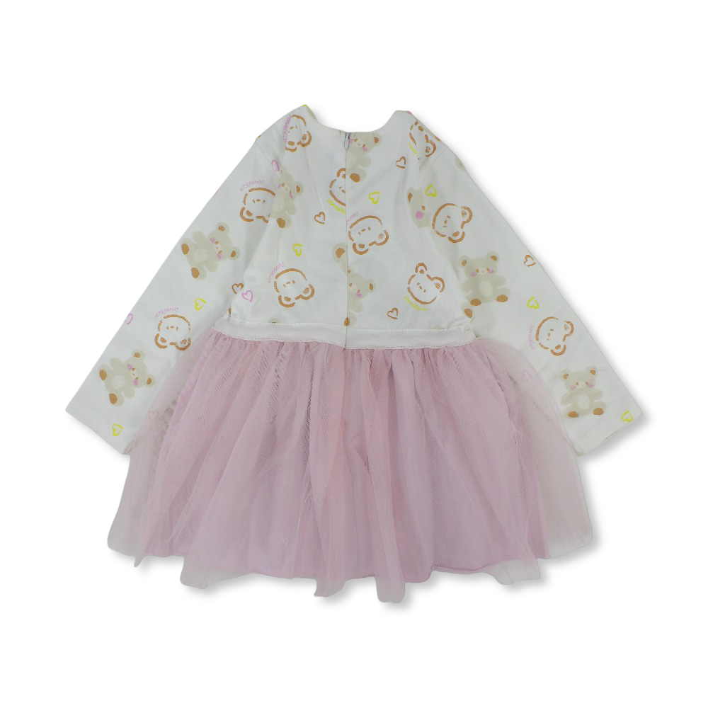 Baby Girls Cotton Long-Sleeved Dress - Pink with Bear Heads Print