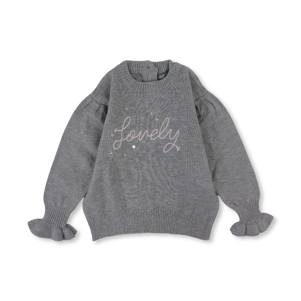 Baby Girls Wool Blouse - Grey with “Lovely” Embroidery
