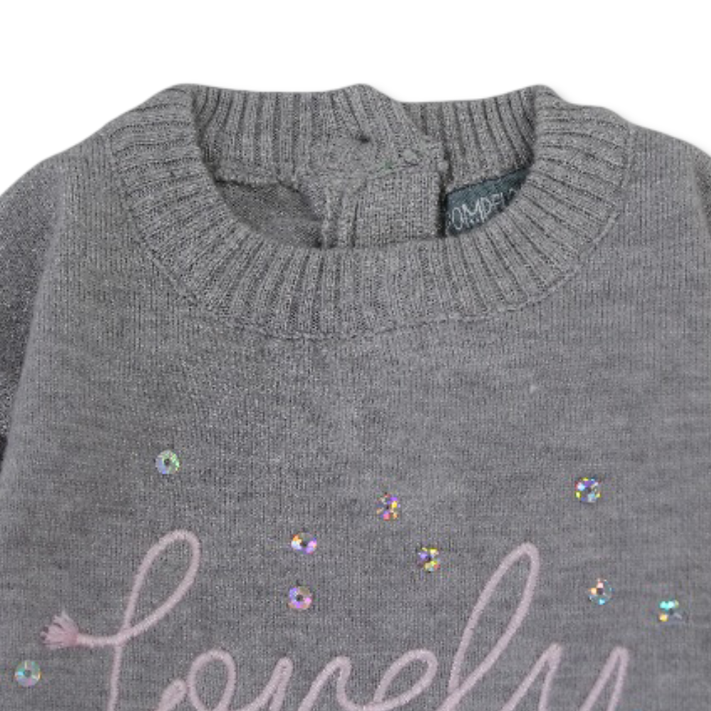 Baby Girls Wool Blouse - Grey with “Lovely” Embroidery