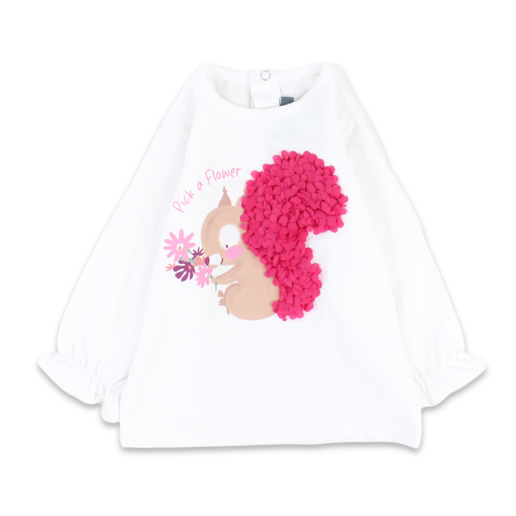 Baby Girls Cotton Blouse – Off White with Squirrel & Flowers