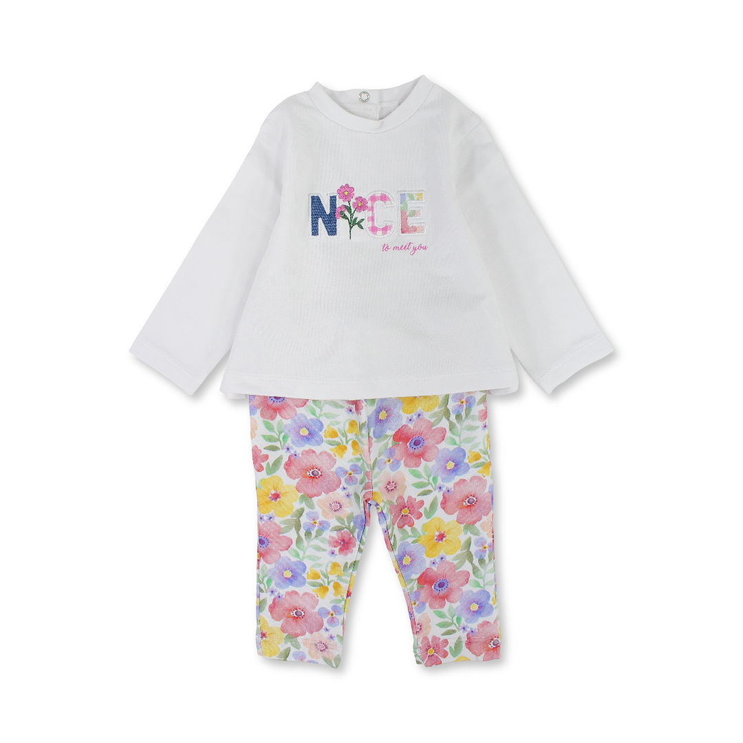 Baby Girls Cotton 2-Piece Outfit Set – White with "Nice to Met You" Embroidery
