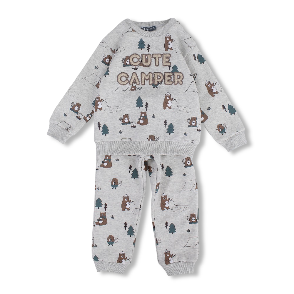 Baby Boys Cotton 2-Piece Outfit Set – Grey with Bear Camping Print