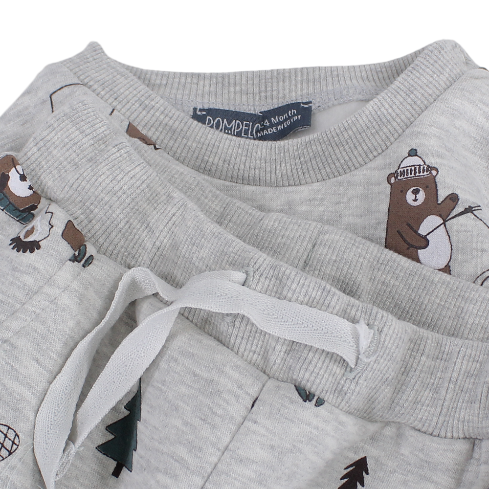 Baby Boys Cotton 2-Piece Outfit Set – Grey with Bear Camping Print