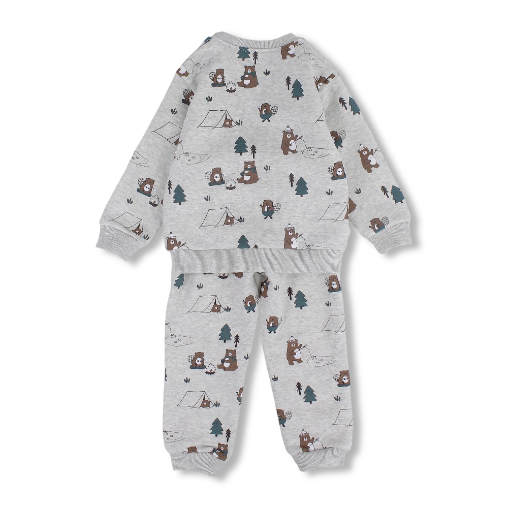 Baby Boys Cotton 2-Piece Outfit Set – Grey with Bear Camping Print