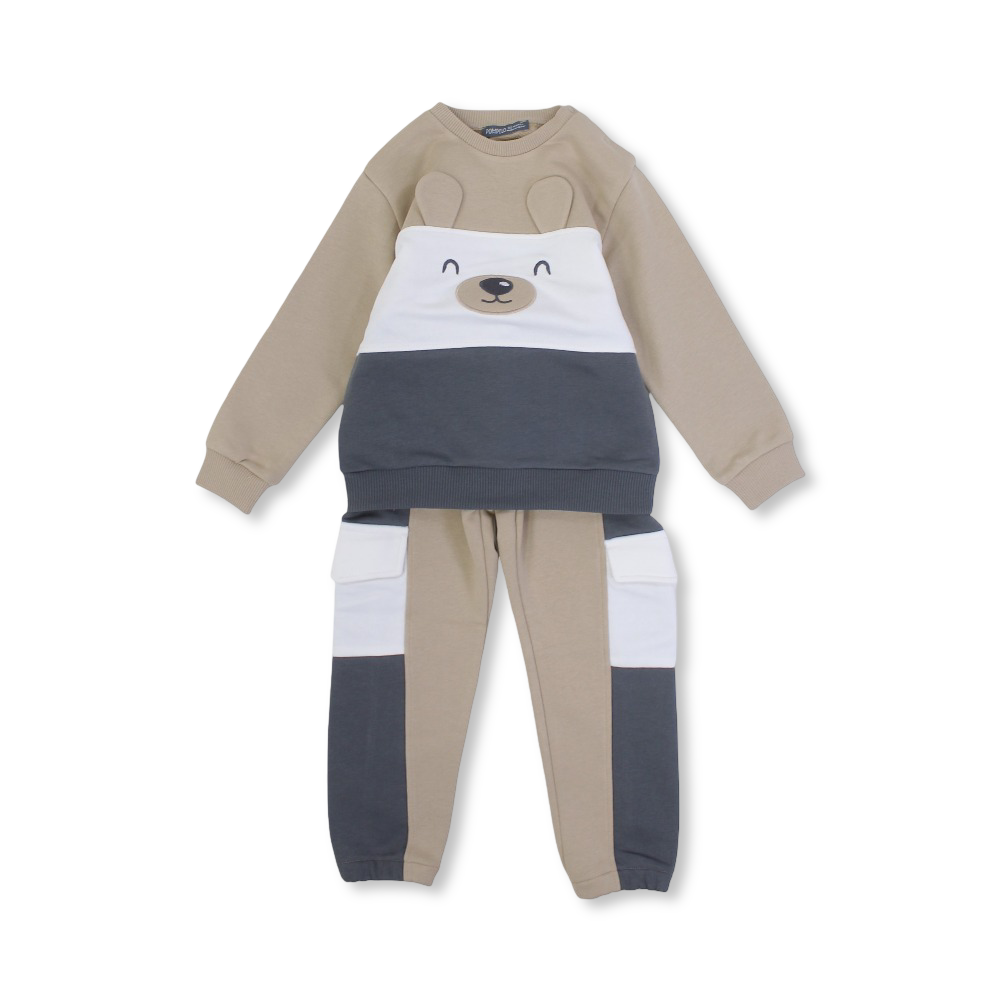 Baby Boys Cotton 2-Piece Outfit Set – Beige with Bear Face Print