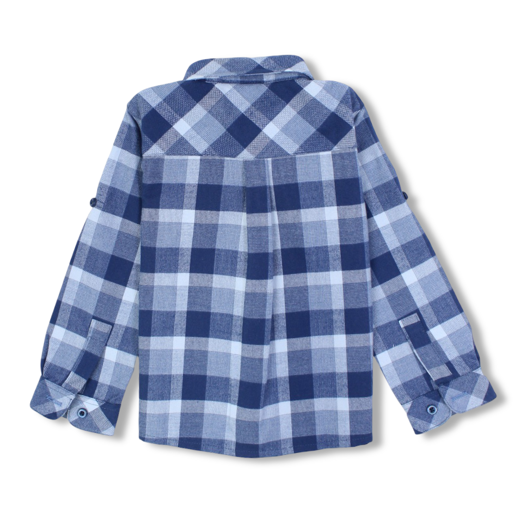 Baby Boys Cotton Shirt – Checkered Blue with a Koala Head Design