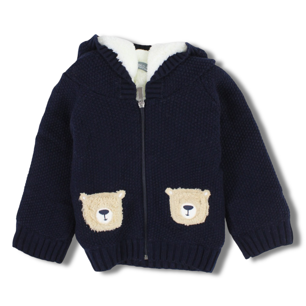 Baby Boys Wool Jacket – Navy with Bear Design