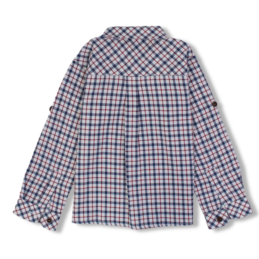Baby Boys Cotton Shirt – Checkered Navy with a Bear Head Design