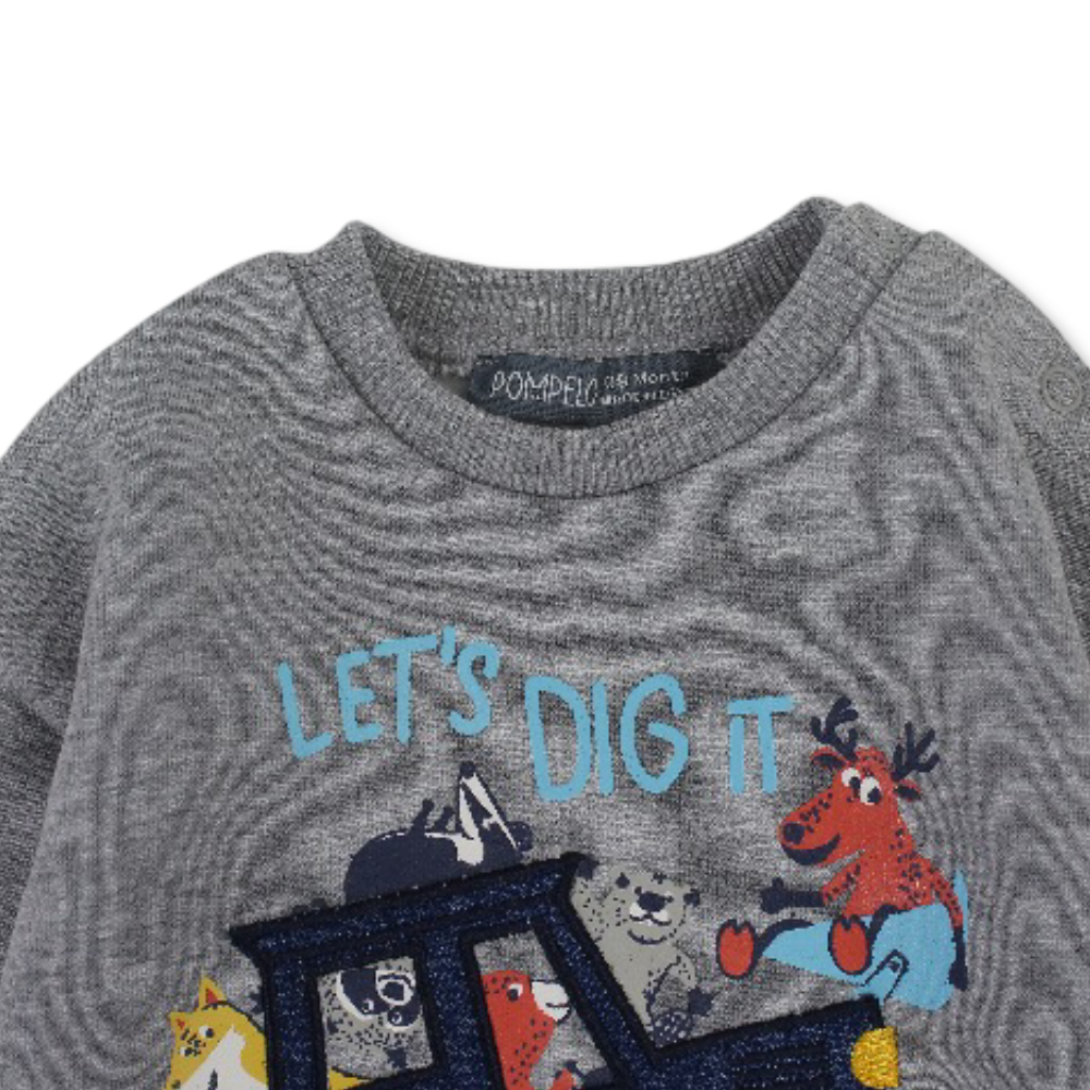Baby Boys Cotton Sweatshirt - Grey with "Let's Dig It" Design