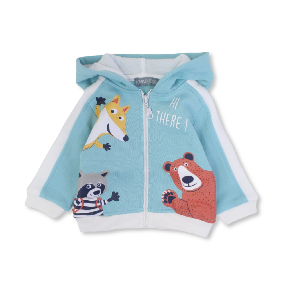 Baby Boys Cotton Hooded Jacket – Aqua with Animal Print