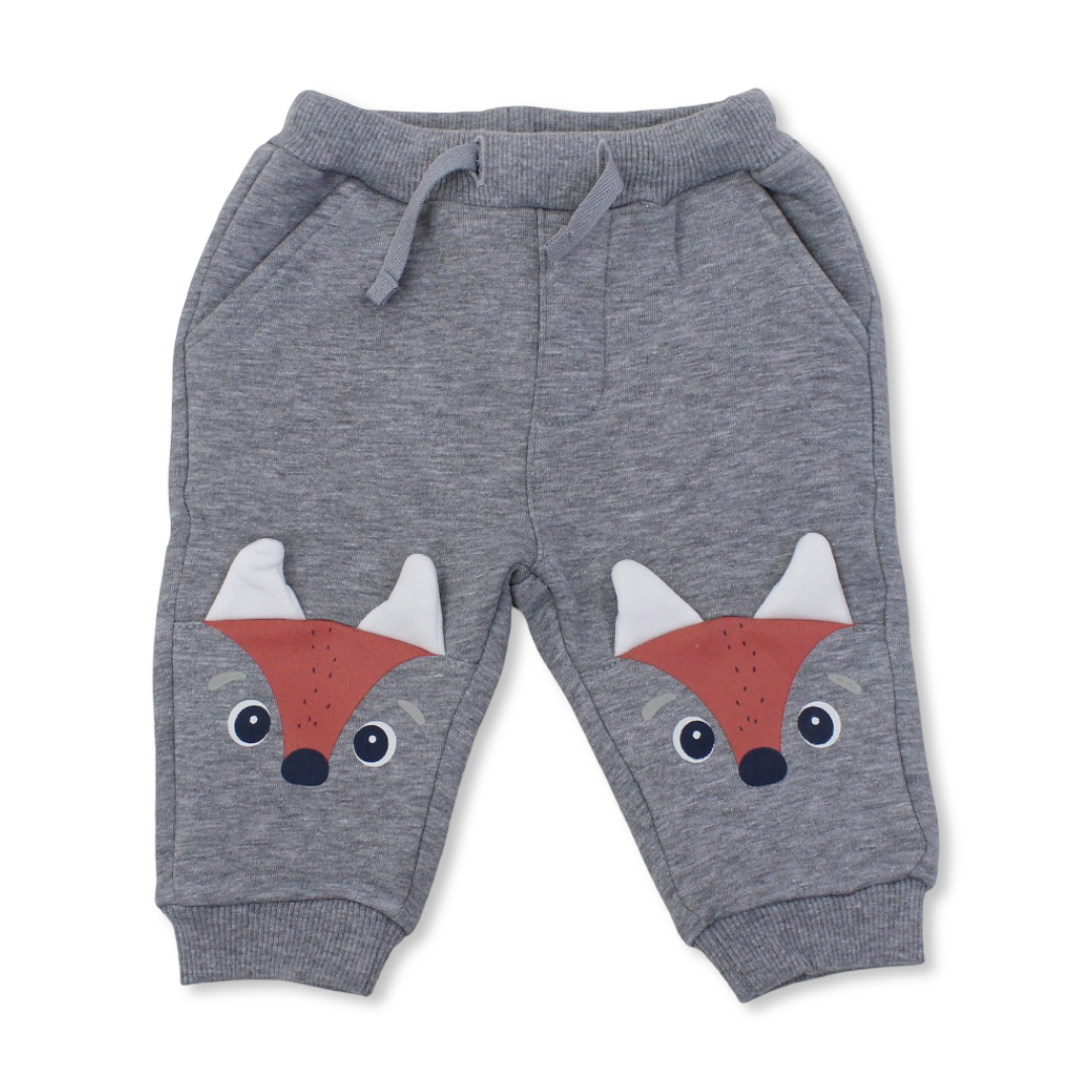 Baby Boys Cotton Sweat Pants – Grey with Fox Print