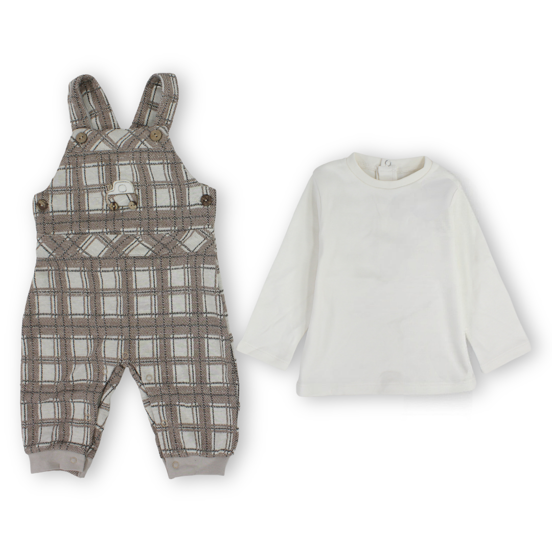 Baby Boys Cotton Outfit Set (T-Shirt + Checkered Overall) – Brown & White
