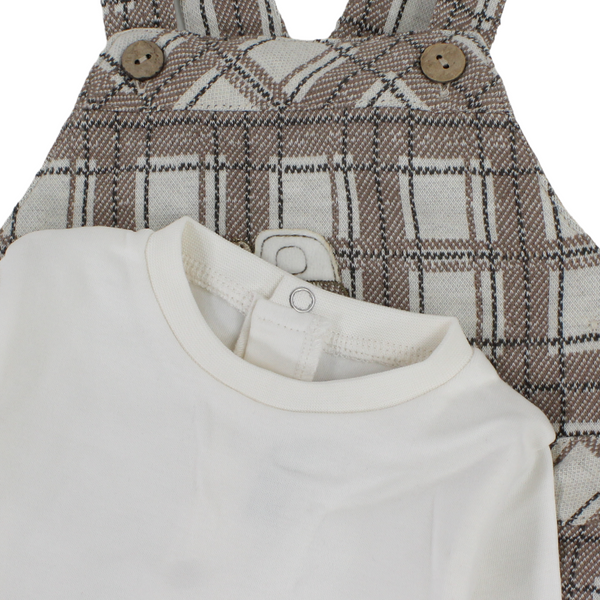 Baby Boys Cotton Outfit Set (T-Shirt + Checkered Overall) – Brown & White