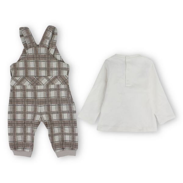 Baby Boys Cotton Outfit Set (T-Shirt + Checkered Overall) – Brown & White