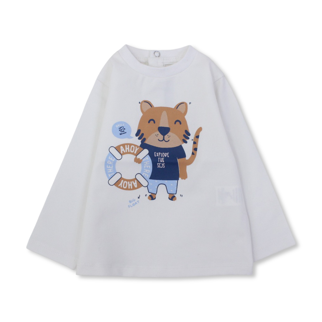Baby Boys Cotton T-Shirt – Off-White with Fox Print