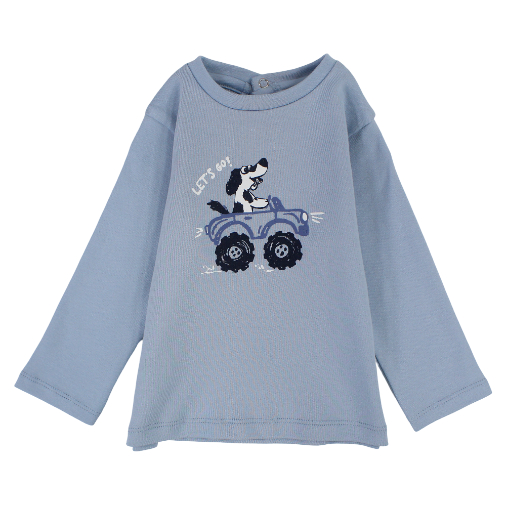 Baby Boys Cotton T-Shirt – Baby Blue with a Driving Dog Print
