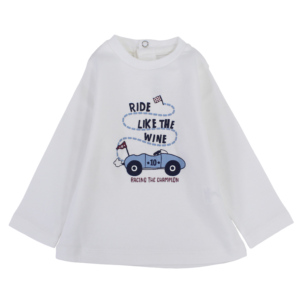 Baby Boys Cotton T-Shirt – Off-White with a Fun Car Print