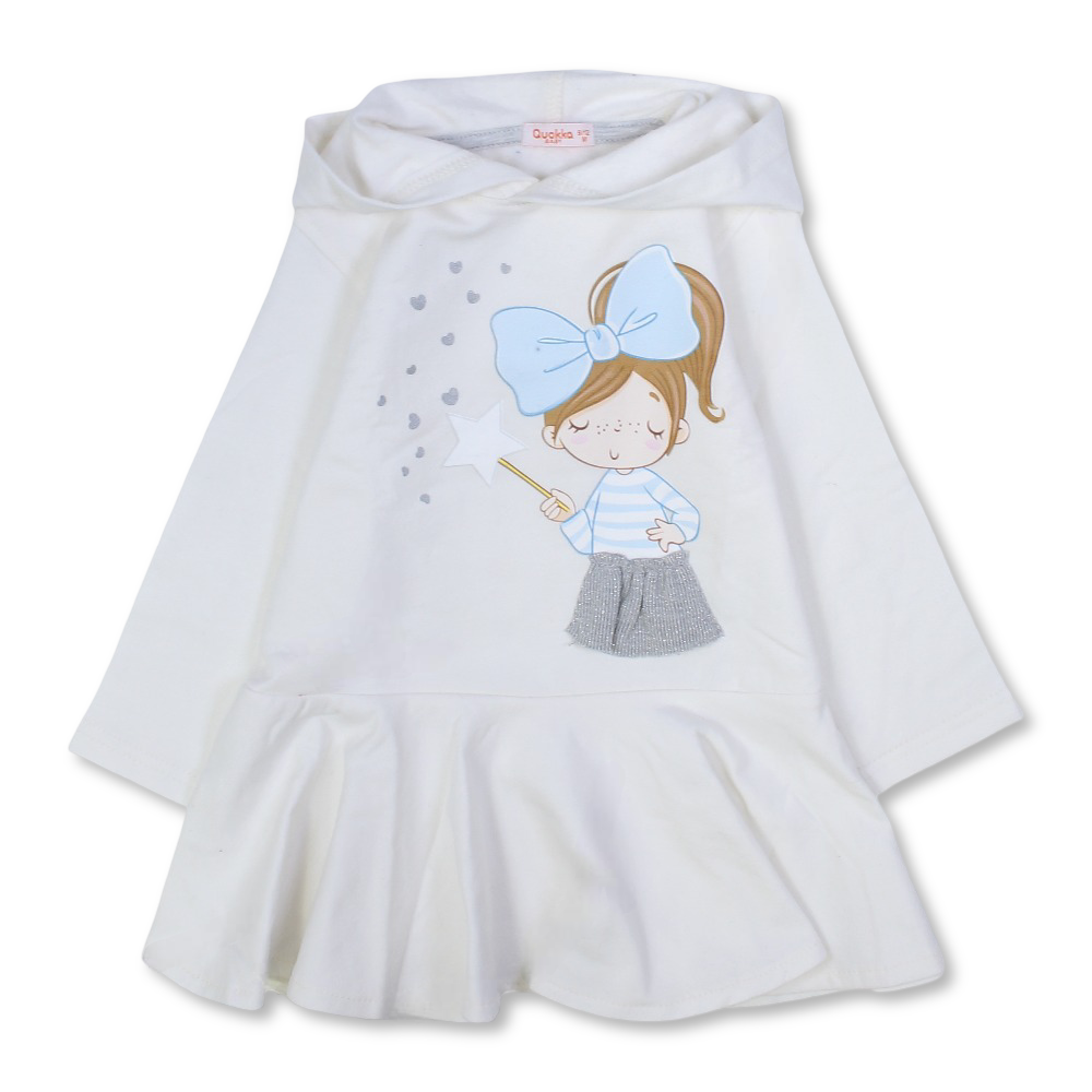 Girls Cotton Hooded Dress – Off-White with Cute Girl Print