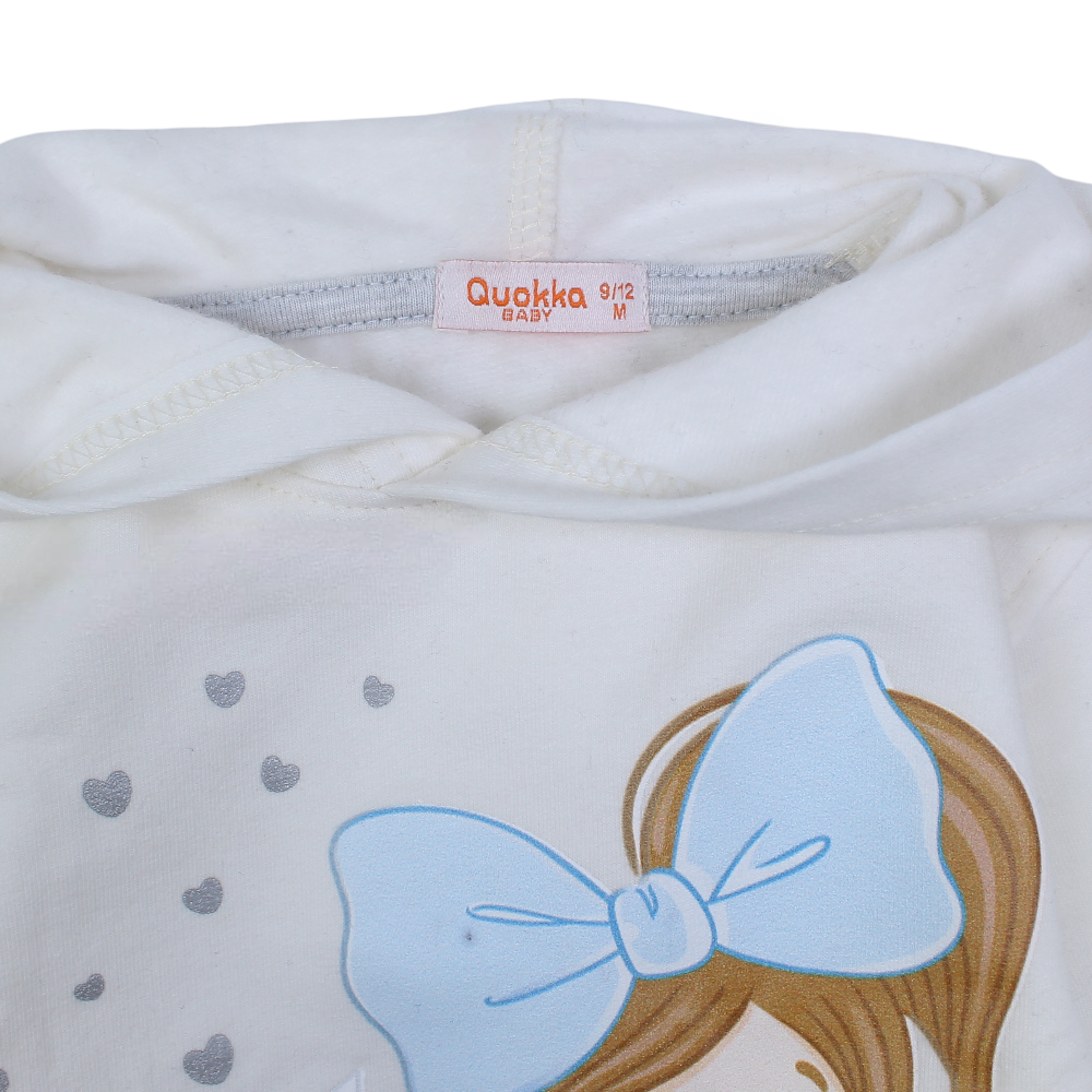 Girls Cotton Hooded Dress – Off-White with Cute Girl Print