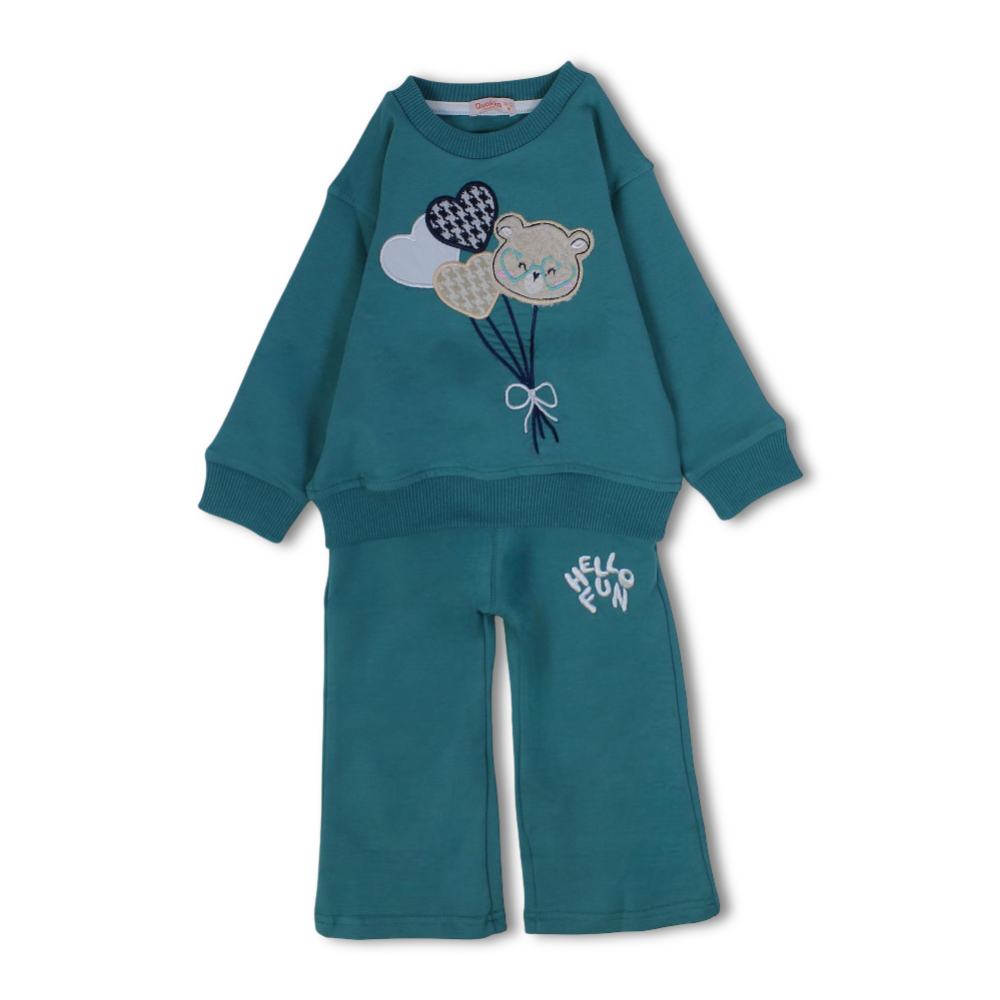 Baby Girls Cotton Outfit Set – Bear Head & Balloons Embroidery