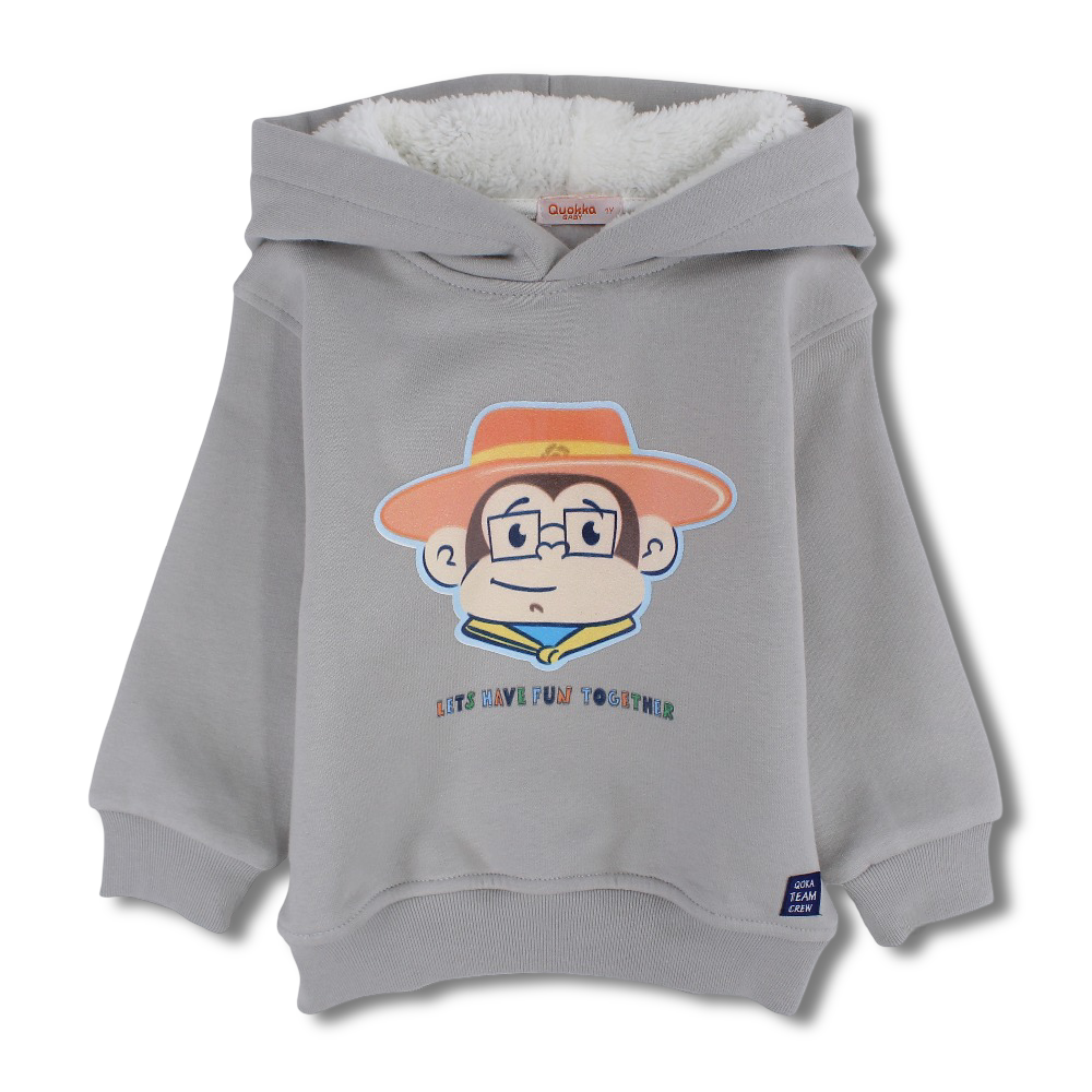 Boys Cotton Hoodie – Grey with Cartoon Face Design