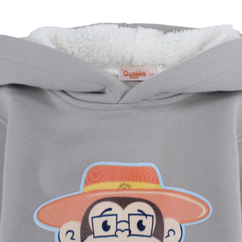 Boys Cotton Hoodie – Grey with Cartoon Face Design