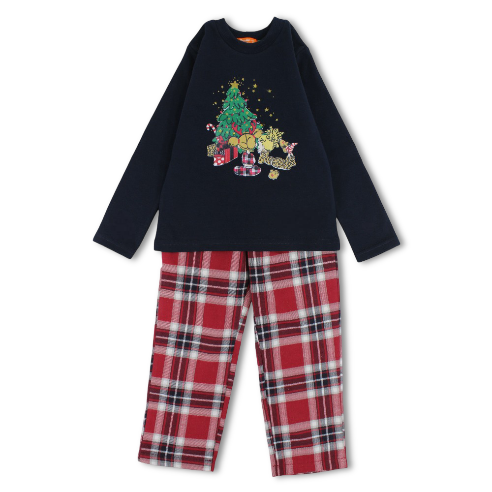 Girls Cotton 2-Piece Outfit Set – Navy with Christmas Tree Print