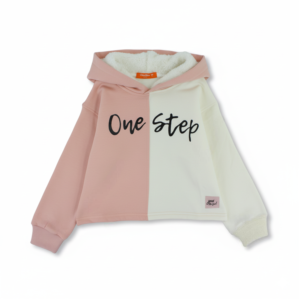Girls Cotton Hoodie – Pink & Off-White
